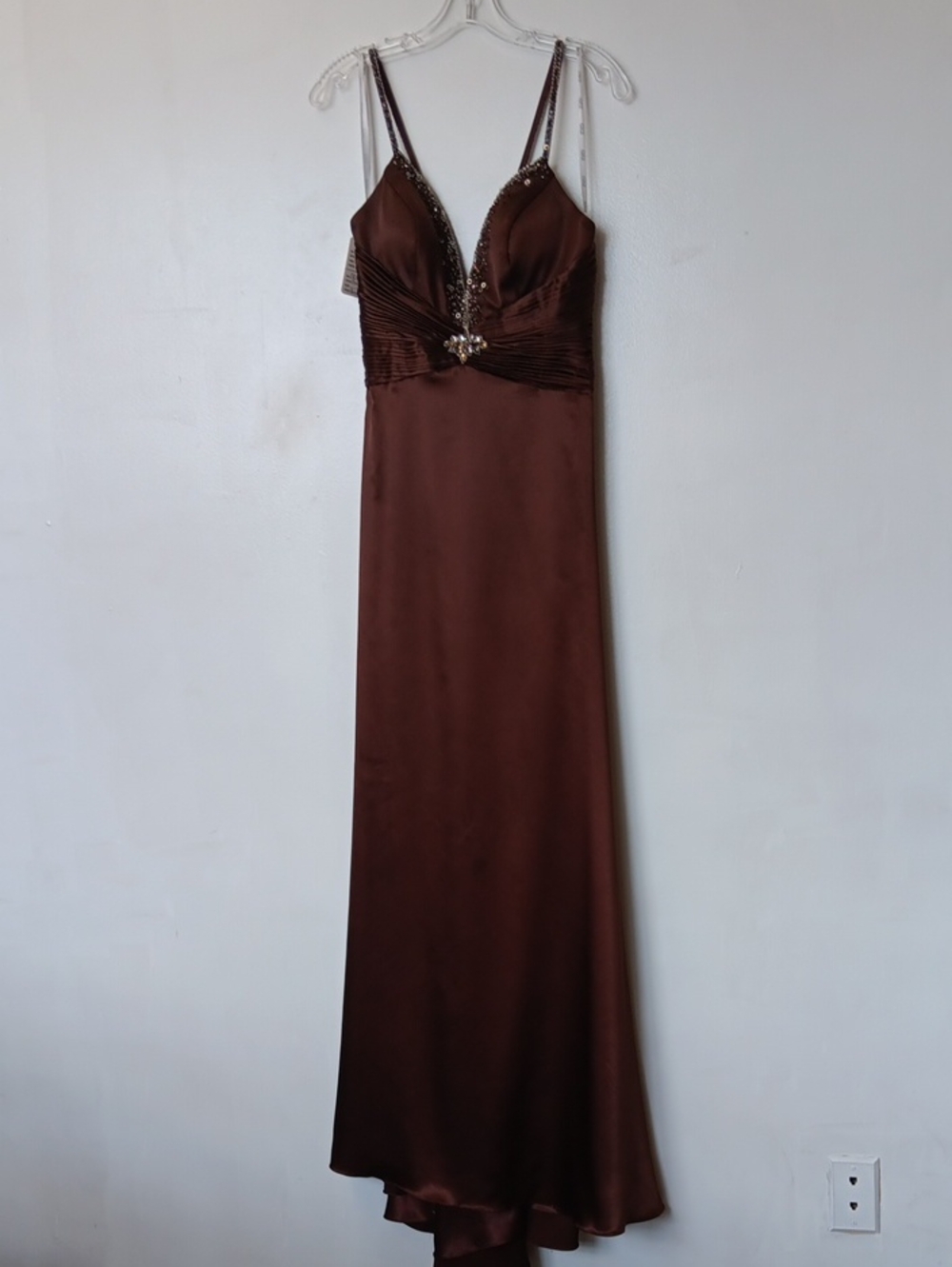 Elegant Brown Satin Evening Dress with Embellished Bodice